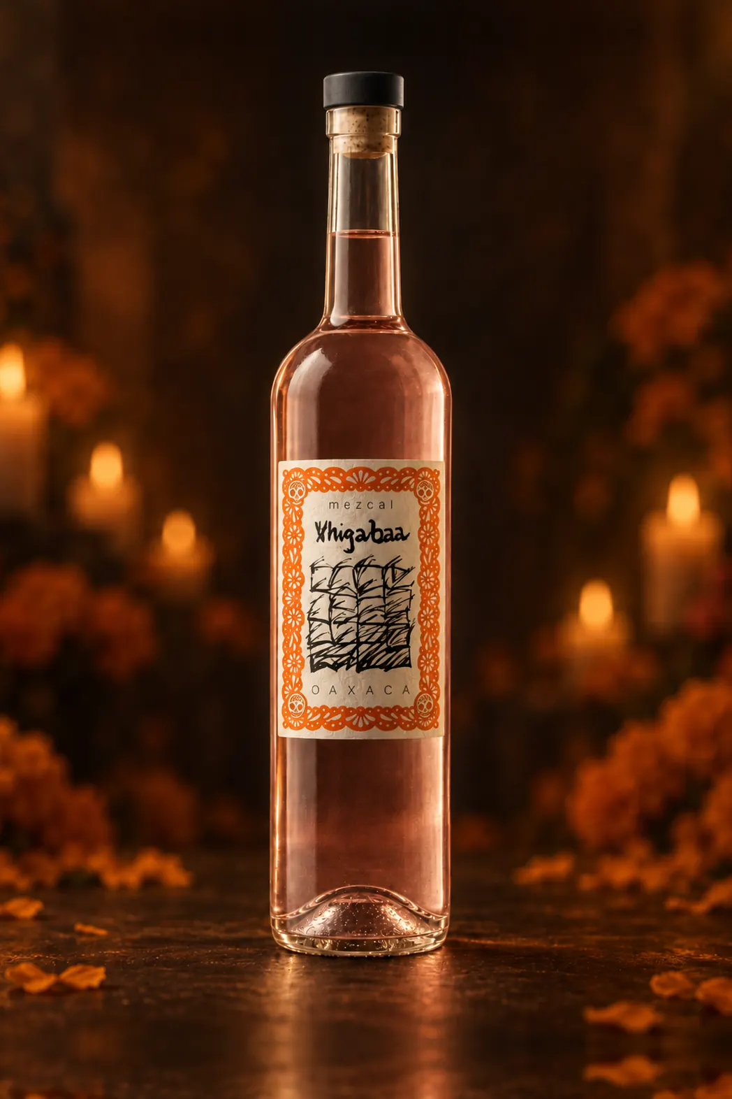 Bottle of Mezcal Xhigabaa Altar de Muerto among candles and marigold flowers