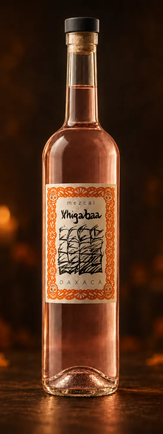 Bottle of Mezcal Xhigabaa Altar de Muerto among candles and marigold flowers