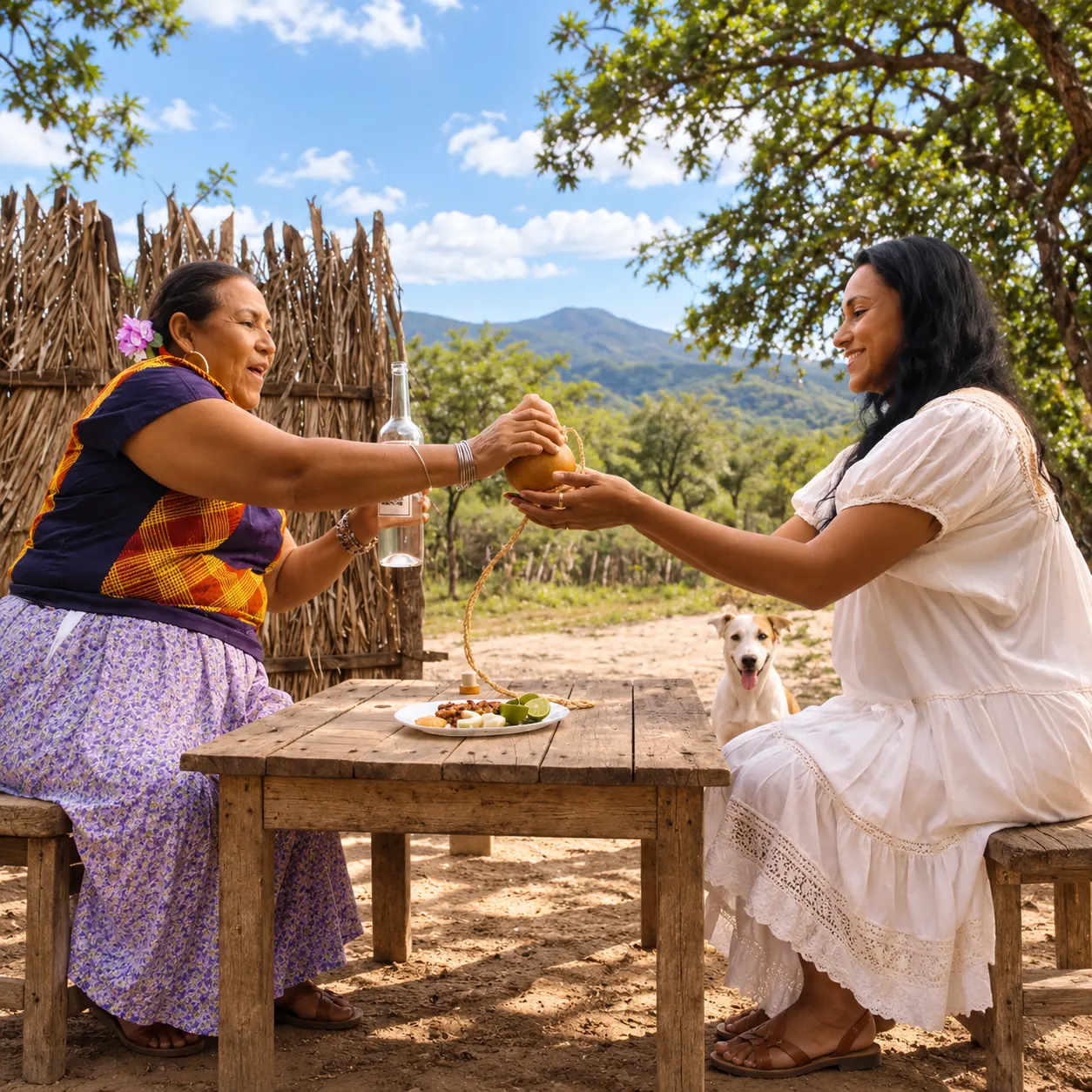 Two women at an outdoor table in Oaxaca; one hands the other a gourd (bule) of mezcal