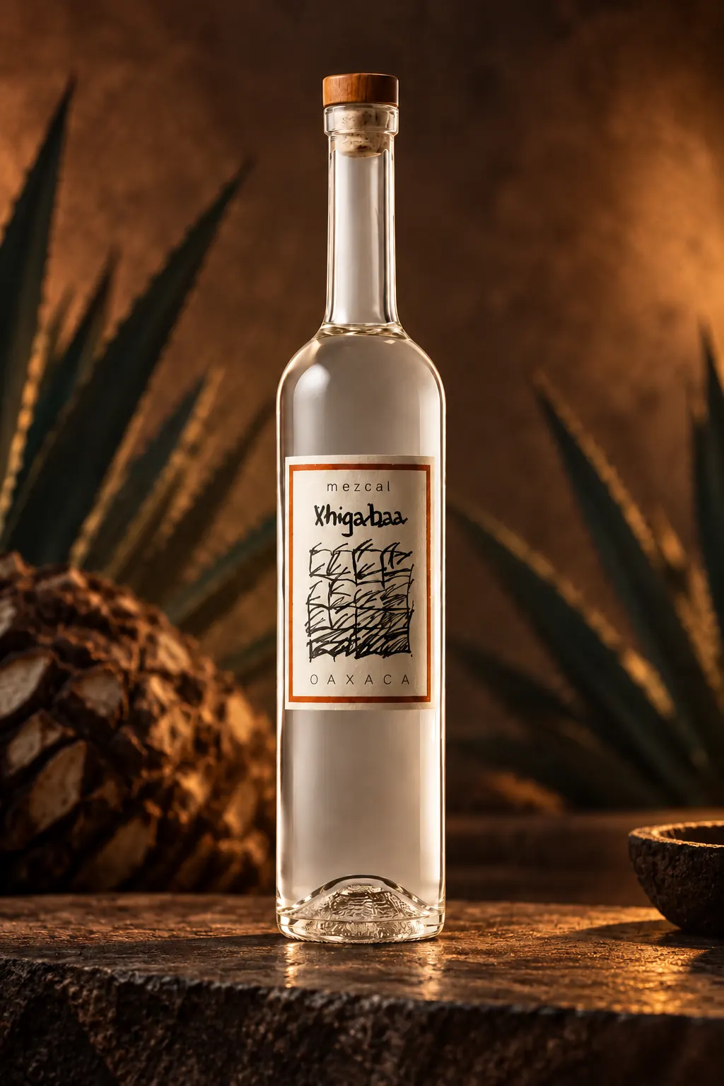 Bottle of Mezcal Xhigabaa among agave leaves and a cooked agave heart