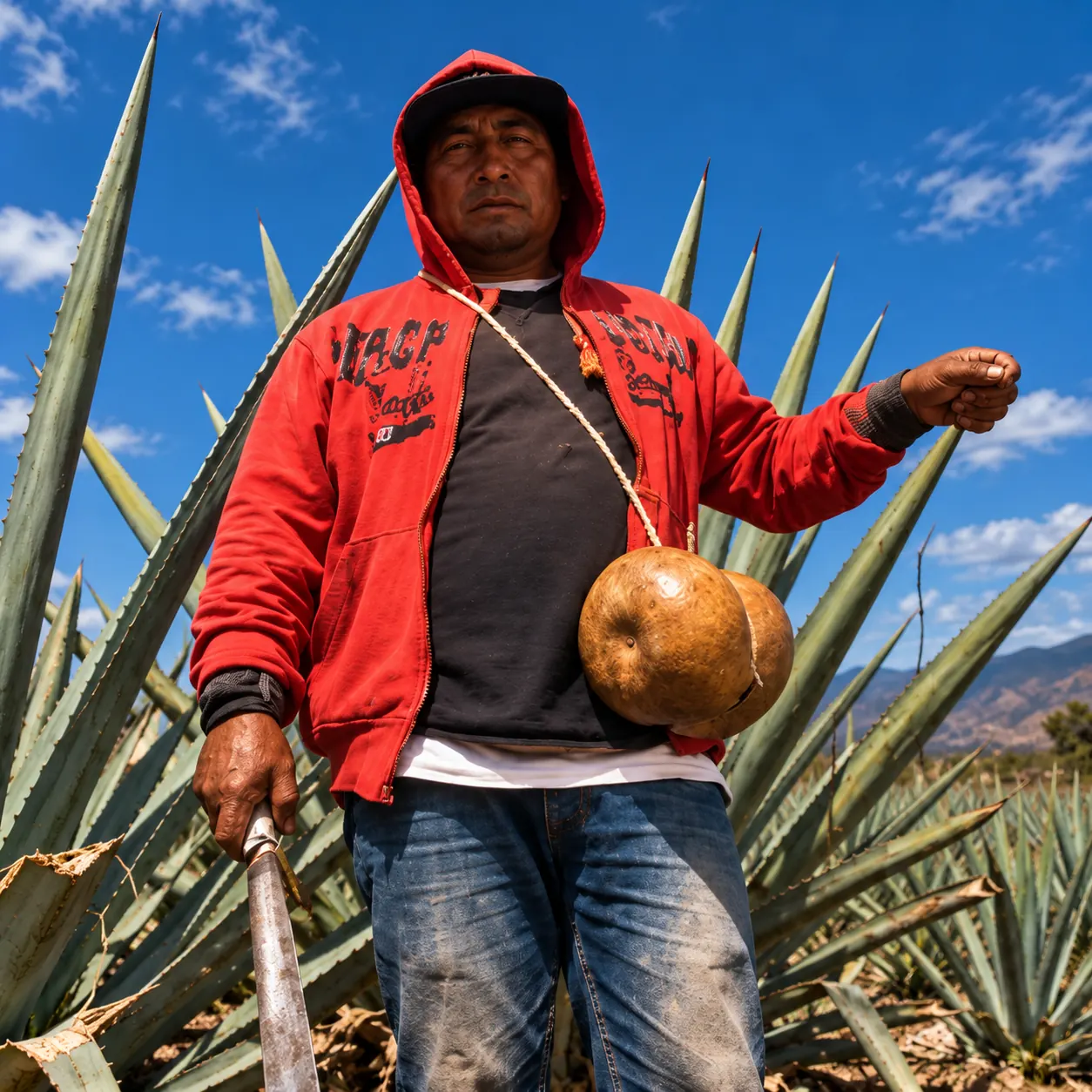 A mezcal worker in an agave field with a gourd (bule) slung across his chest