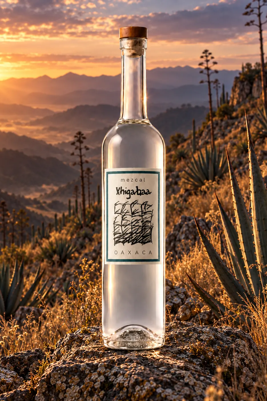 Bottle of Mezcal Xhigabaa Cuishe in the Oaxacan mountains at sunset