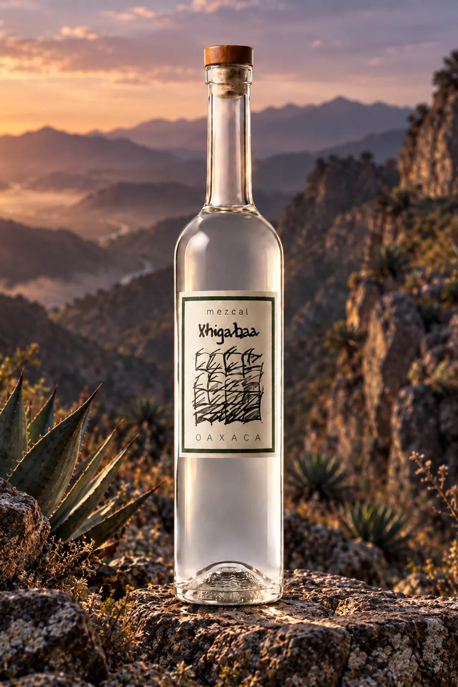 Bottle of Mezcal Xhigabaa Tepeztate among agaves and ravines at sunrise