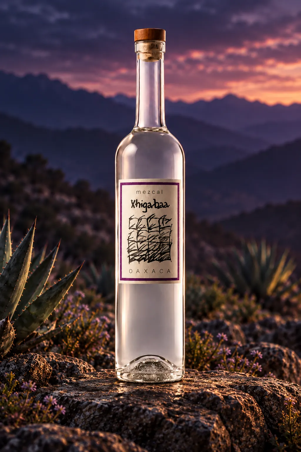 Bottle of Mezcal Xhigabaa Tobalá on a rock in the mountains at dusk