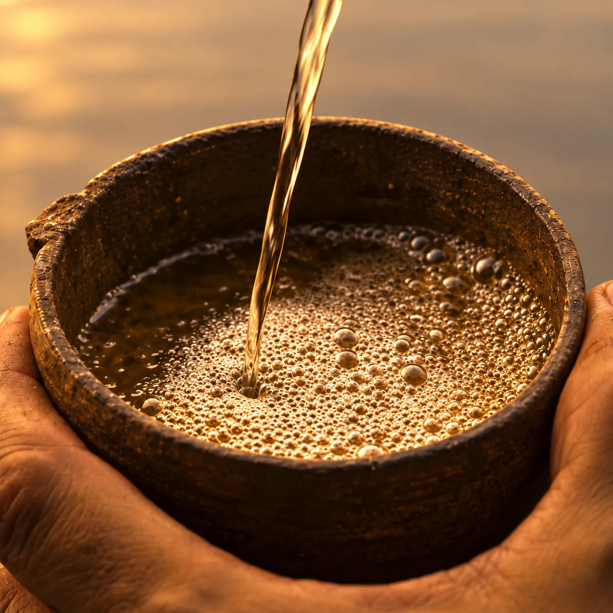 Mezcal poured into a clay bowl held in two hands, its surface covered in pearls